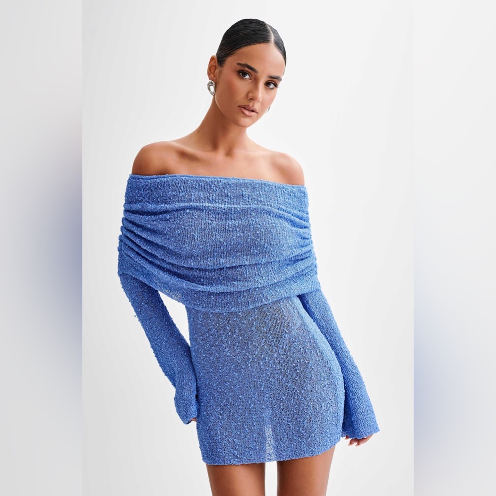 Meshki Marisol Off-Shoulder Periwinkle Blue Mini Knit Dress